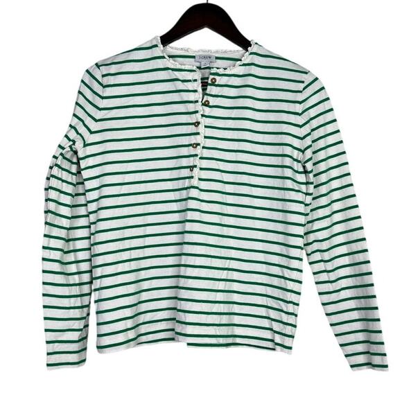 J. Crew Striped Ruffle Neck Henley Buttons Long Sleeve Top Blouse S Green White - Picture 2 of 15